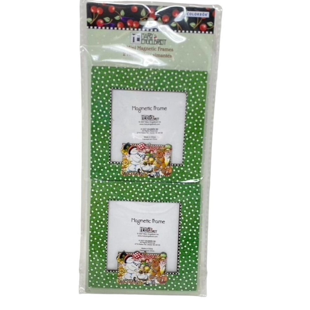 Mary Engelbreit 2 Mini Magnetic Frames Green Holiday Party 3.5"x3.5"